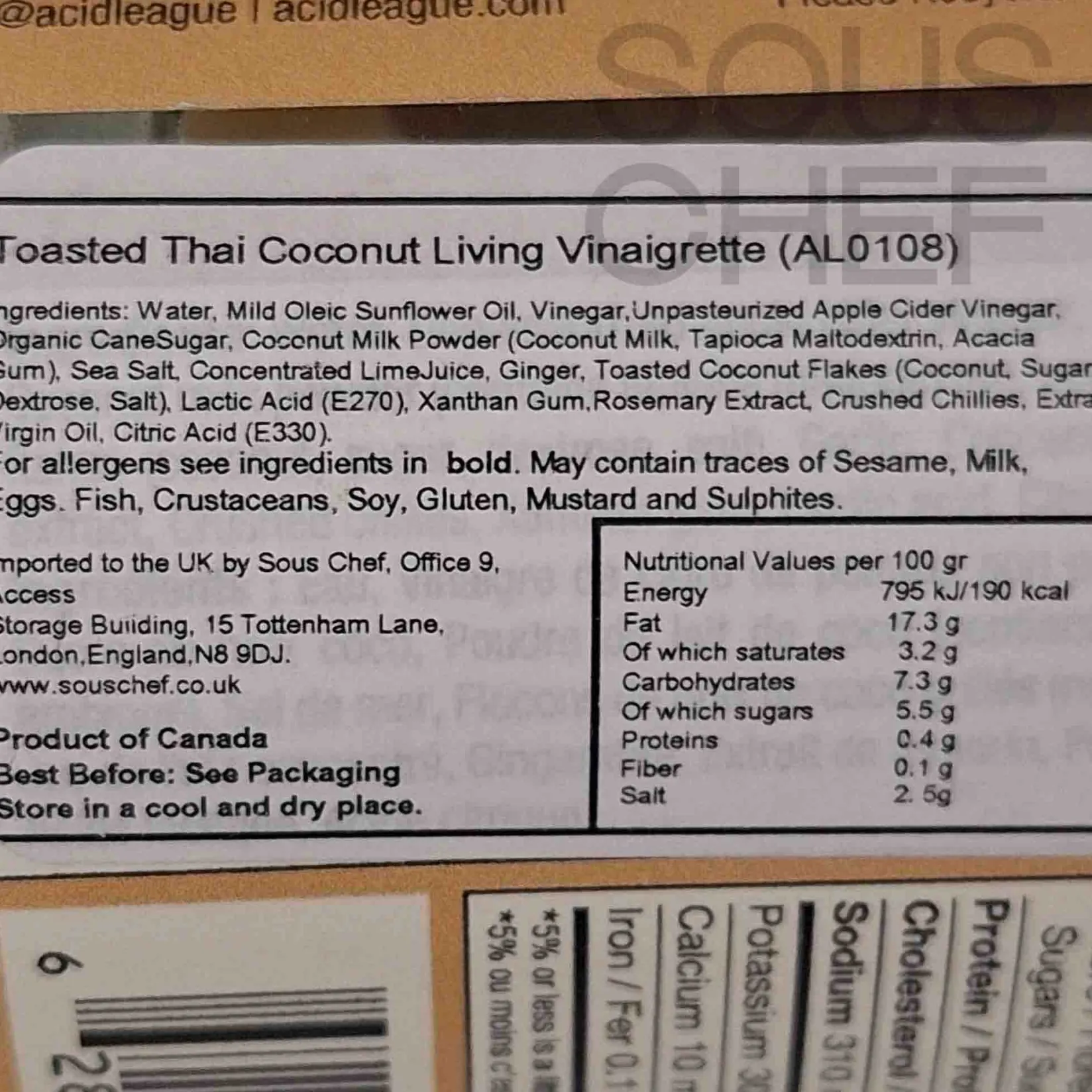 Acid League Ingredients Brands|Oil, Vinegar & Dressings^Toasted Coconut Dressing, 300ml