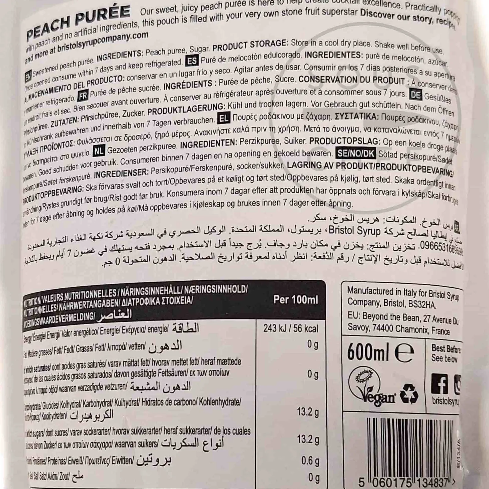Bristol Syrup Co Ingredients Brands|Drinks^Peach Puree, 600ml