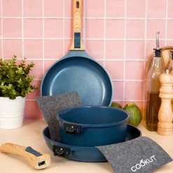 Cookut Pots & Pans^Lightweight Non-Stick 3 Piece Cookware Set with Detachable Handles, Blue, BPA-Free
