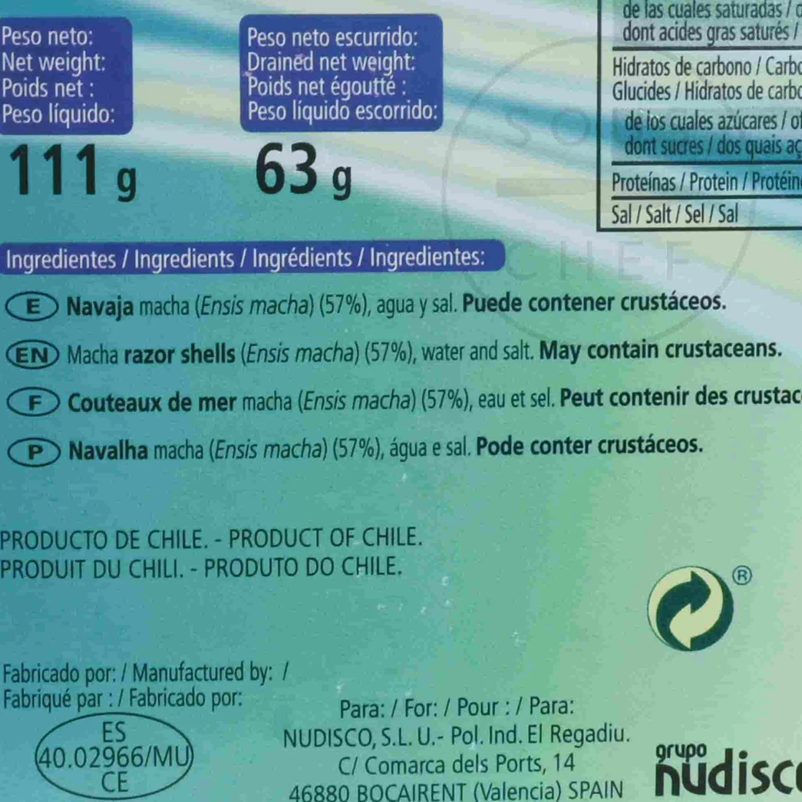 Diamir Ingredients Brands|Spanish Ingredients^Chilean Razor Clams in Brine, 120g