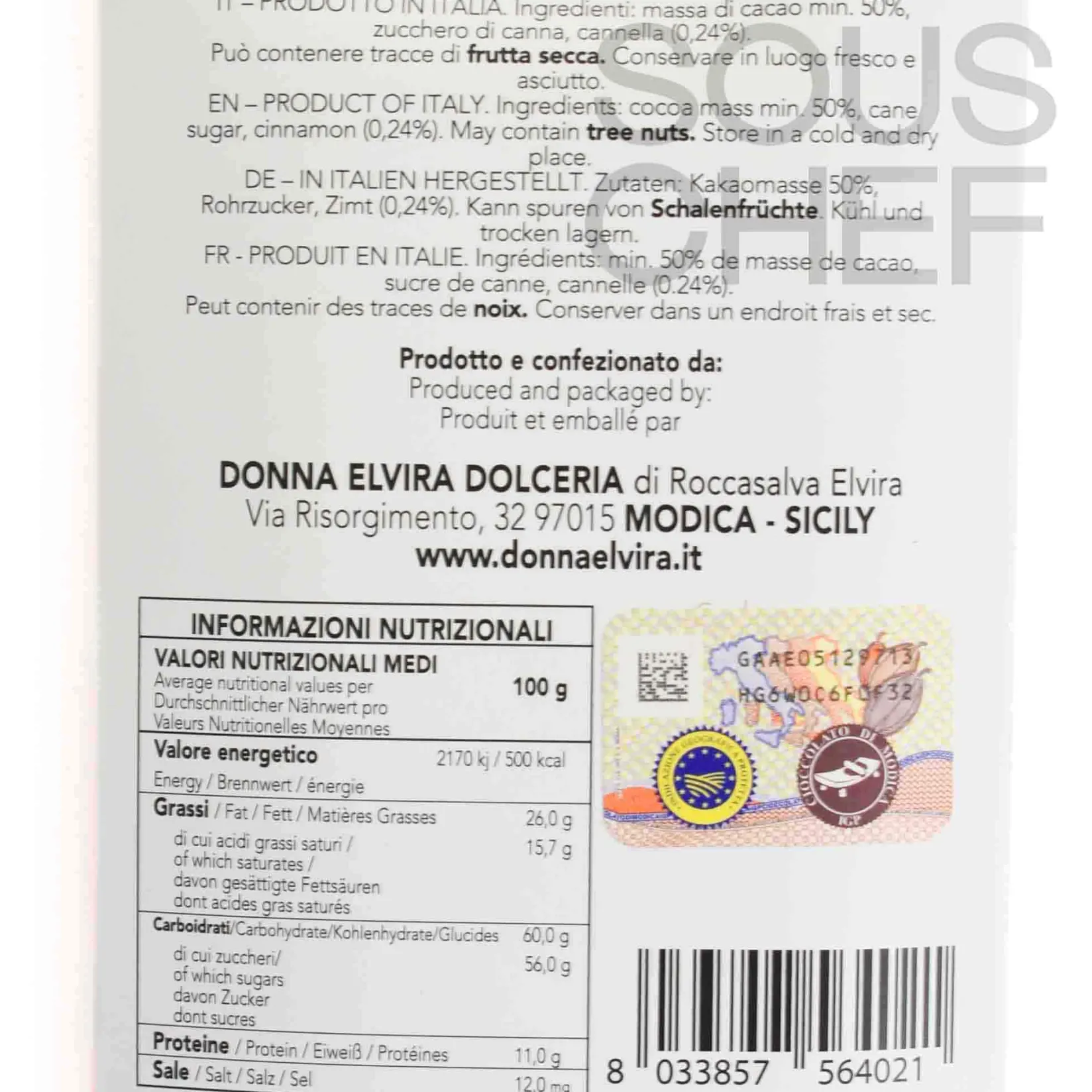 Donna Elvira Ingredients Brands|Italian Ingredients^Cinnamon PGI Modican Chocolate Bar, 70g
