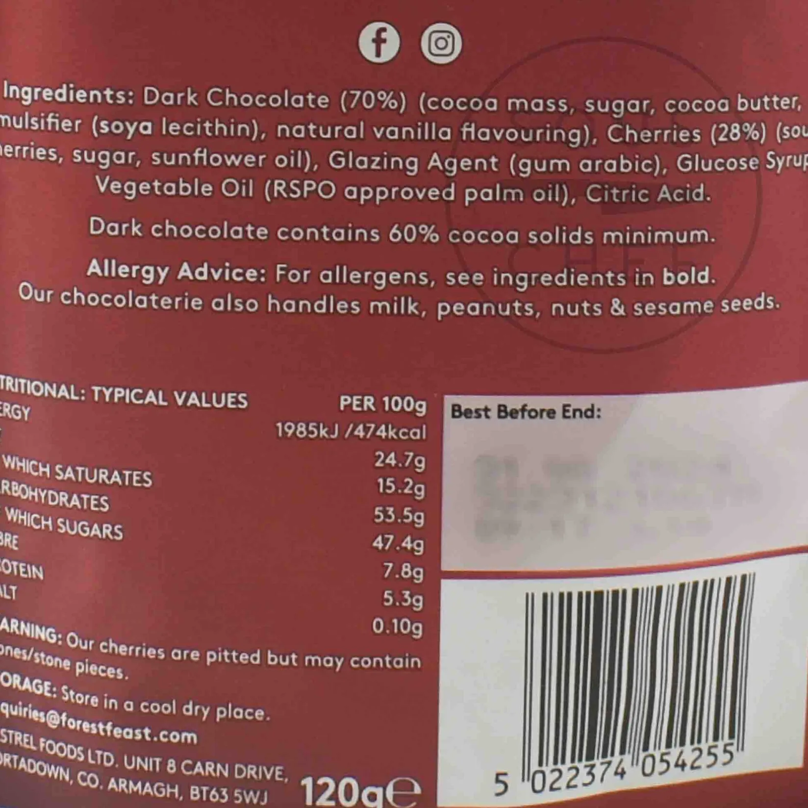 Forecast Feast Ingredients Brands|Chocolate & Sweets^Forest Feast Dark Chocolate Sour Cherries, 120g