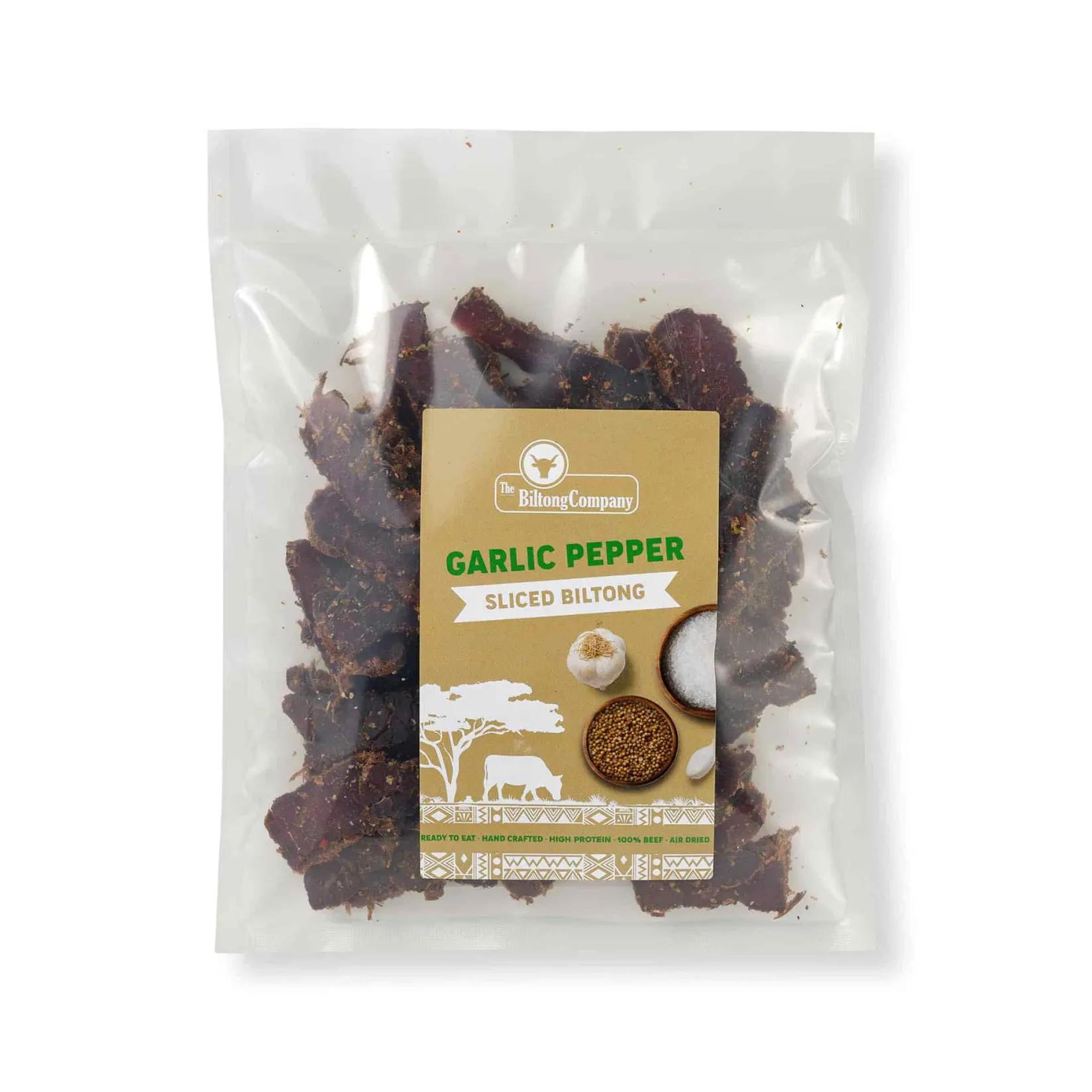 The Biltong Company Ingredients Brands|Snacks^Garlic Pepper Biltong Slices, 250g