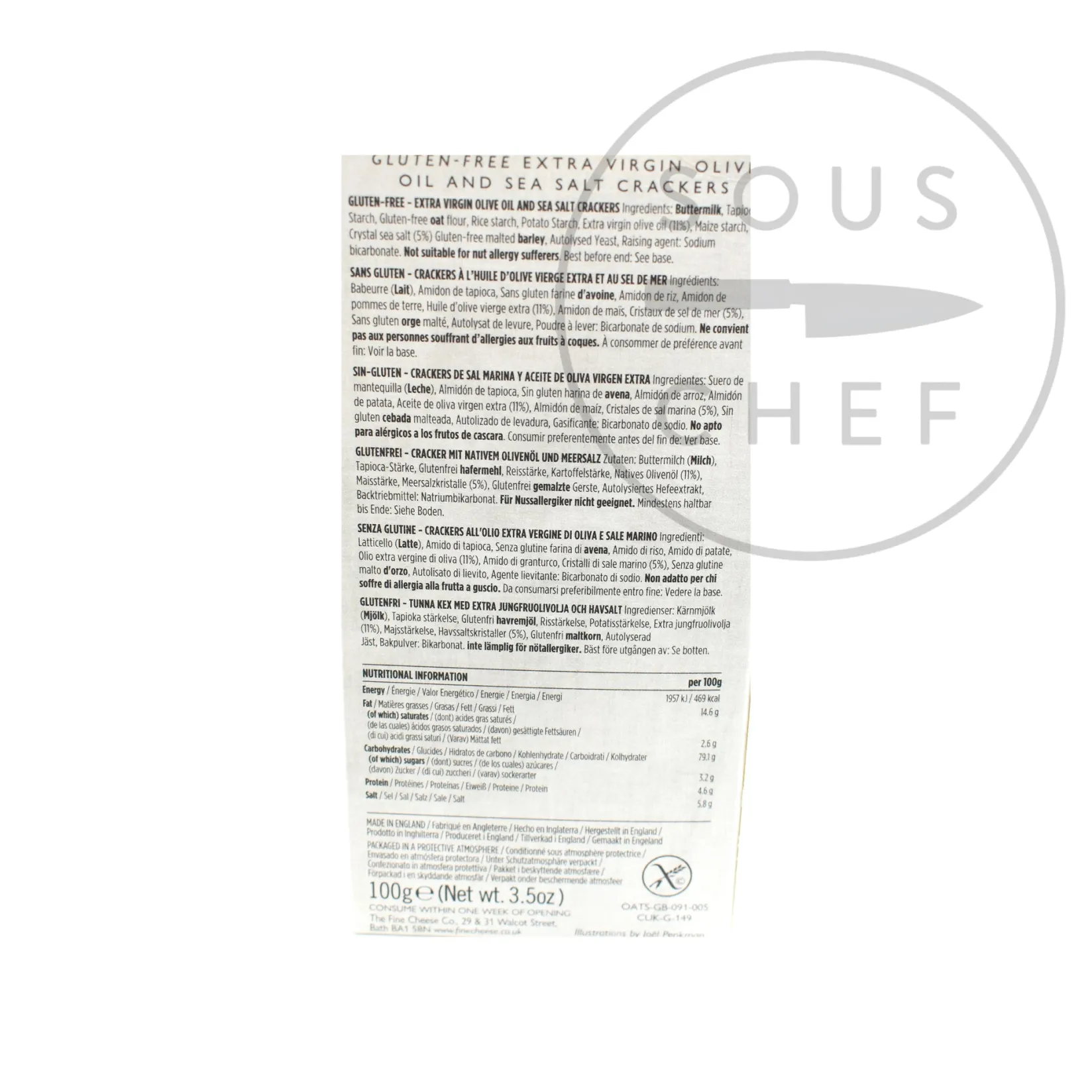 The Fine Cheese Co Ingredients Brands|Made In The Uk^Gluten Free Extra Virgin Olive Oil & Sea Salt Crackers, 100g