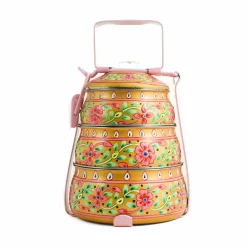 Indian Tiffin Indian Ingredients|Food Storage & Containers^Hand Painted Three Tier Yellow Tiffin Tin, 1.5 Litre