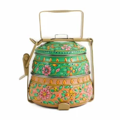 Indian Tiffin Indian Ingredients|Food Storage & Containers^Hand Painted Two Tier Pink & Green Tiffin Tin, 750ml