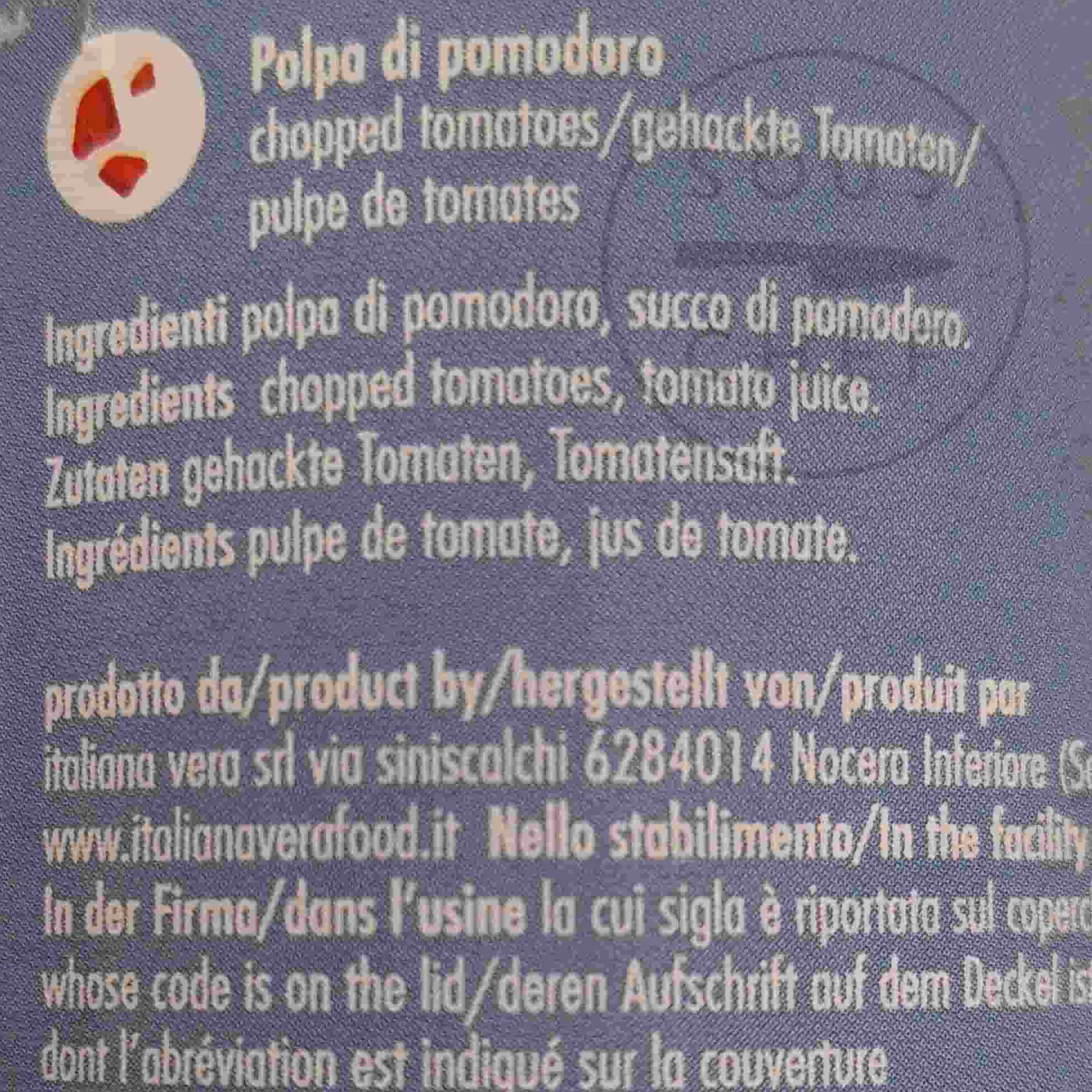 Italianavera Ingredients Brands|Vegetables^Chopped Tomatoes in Botanical Tin, 400g