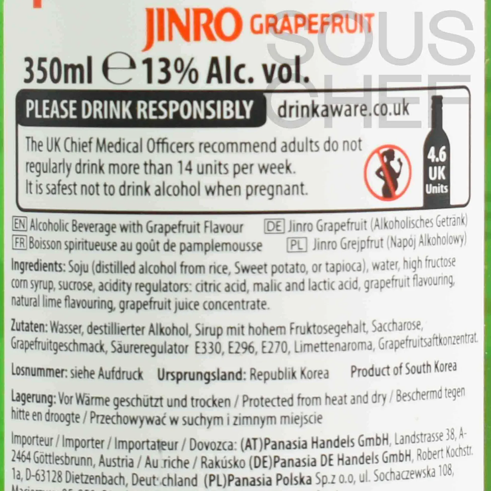 Jinro Ingredients Brands|Drinks^Chamisul Grapefruit Soju 13V, 350ml