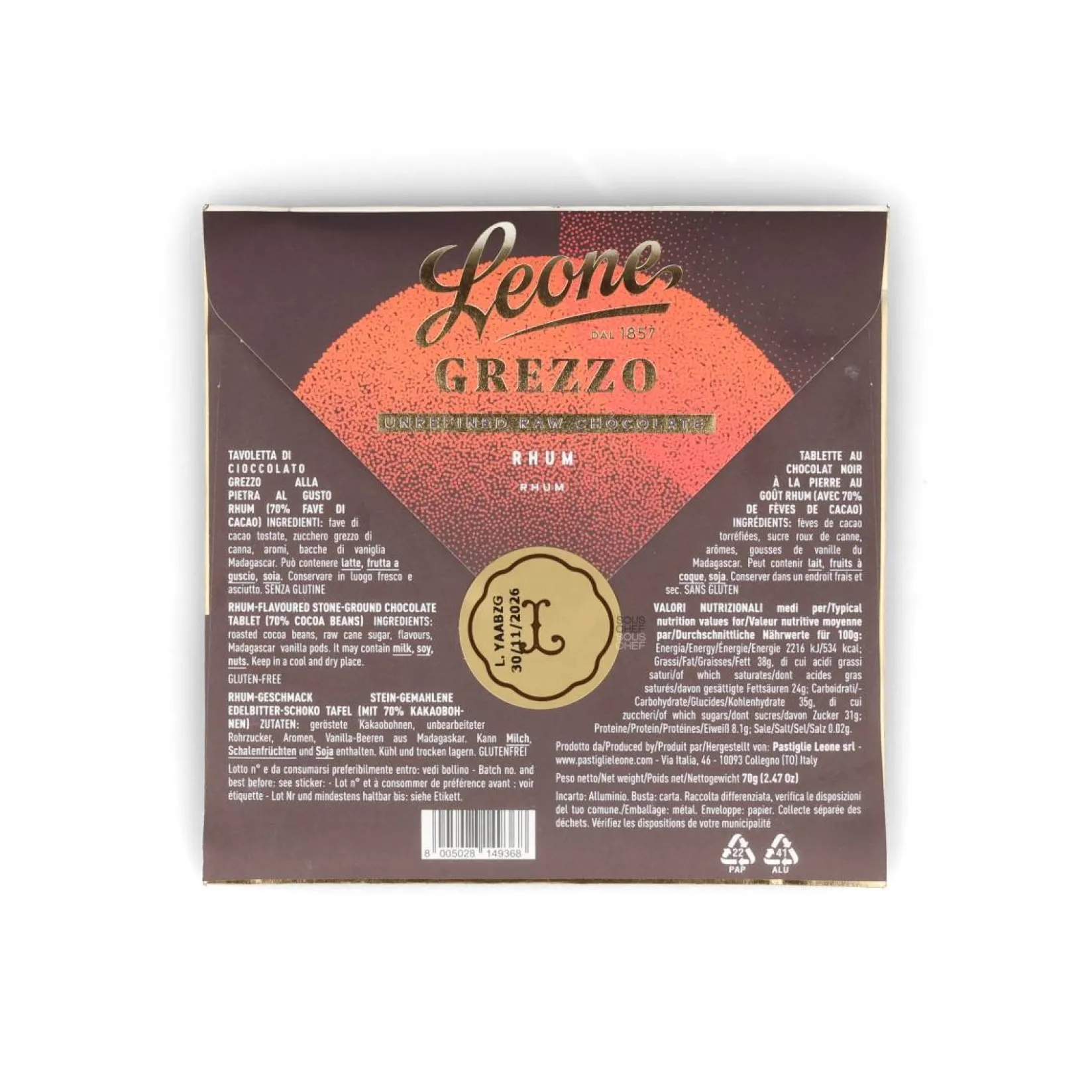 Leone Chocolate & Sweets|Ingredients Brands^Raw Unrefined 70% Rum Dark Chocolate Bar, 70g