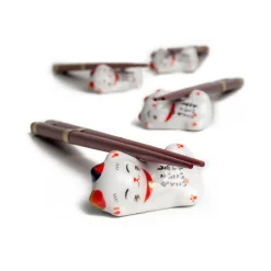 Kiji Stoneware & Ceramics Japanese Ingredients|Tableware Brands^Lucky Cats Chopstick & Rest Set, 4 Pairs