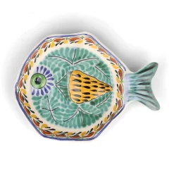Gorky Pottery Plates|Crockery & Dinnerware^Mexican Hand Painted Green & Blue Fish Dish, 25.5cm
