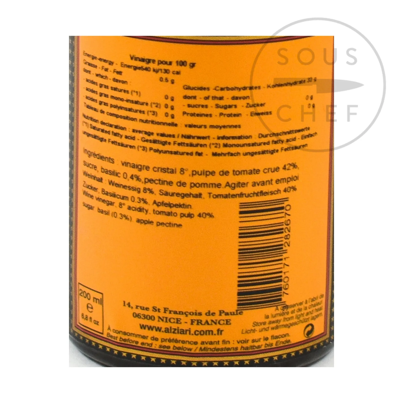 Nicolas Alziari Ingredients Brands|French Ingredients^Tomato & Basil Vinegar, 200ml