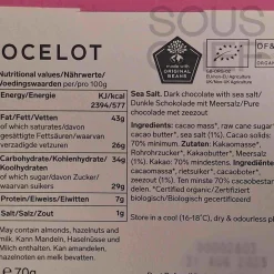 Ocelot Ingredients Brands|Made In The Uk^Organic Dark Chocolate & Sea Salt Chocolate Bar, 70g