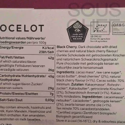 Ocelot Made In The Uk|Chocolate & Sweets^Organic Dark Chocolate & Black Cherry Chocolate Bar, 70g