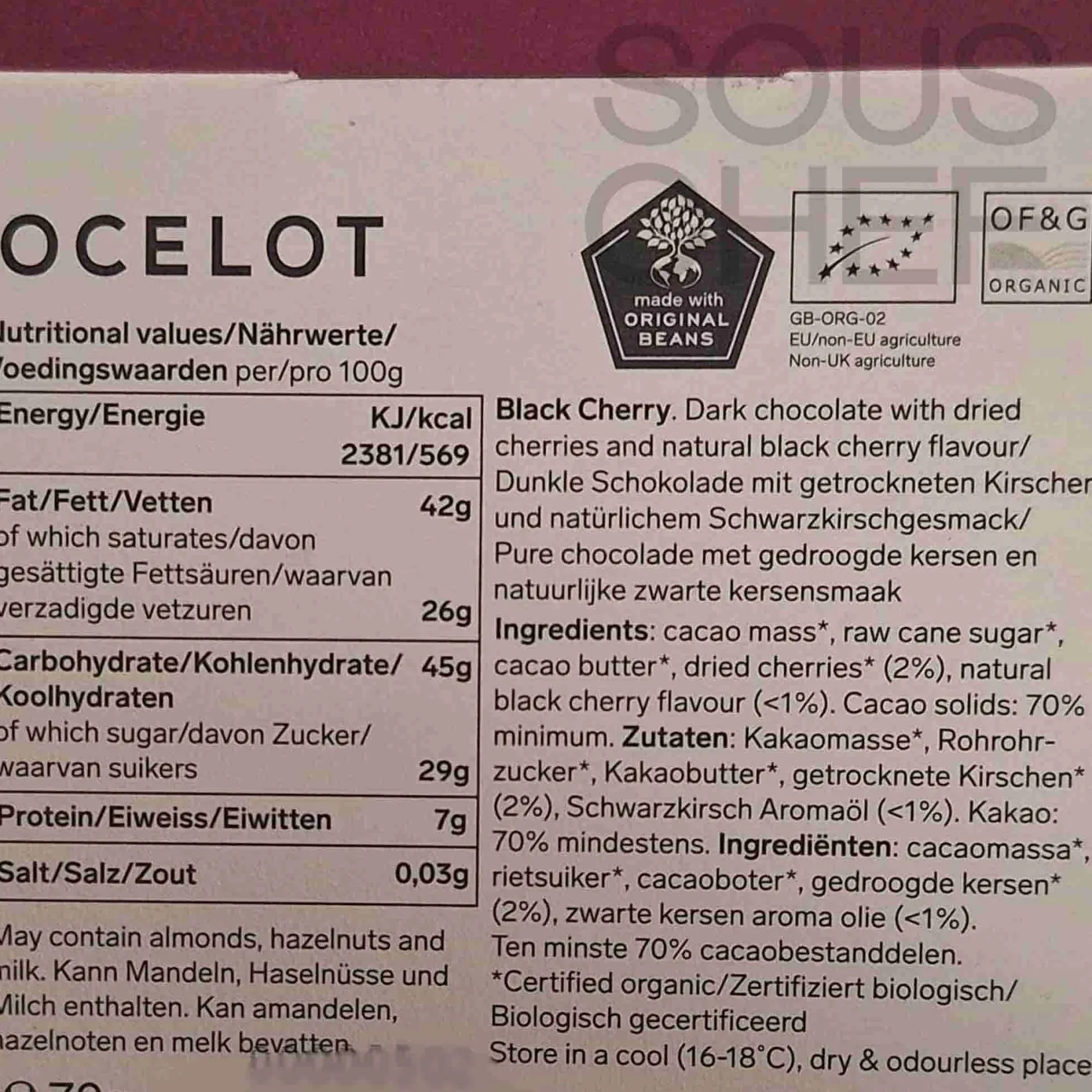 Ocelot Made In The Uk|Chocolate & Sweets^Organic Dark Chocolate & Black Cherry Chocolate Bar, 70g