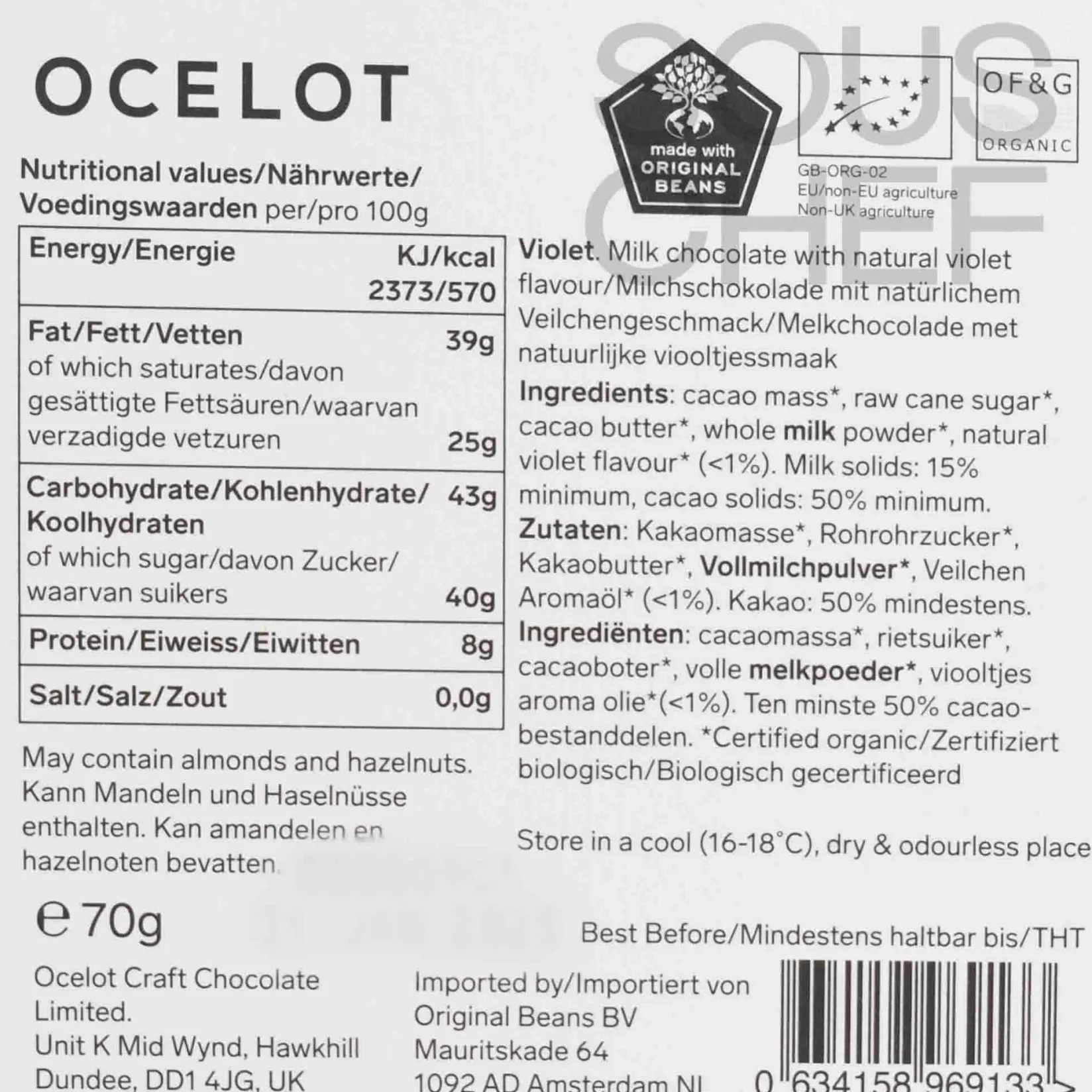 Ocelot Made In The Uk|Chocolate & Sweets^Organic Milk Chocolate & Violet Chocolate Bar, 70g