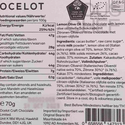 Ocelot Ingredients Brands|Made In The Uk^Organic White Chocolate & Lemon Olive Oil Chocolate Bar, 70g