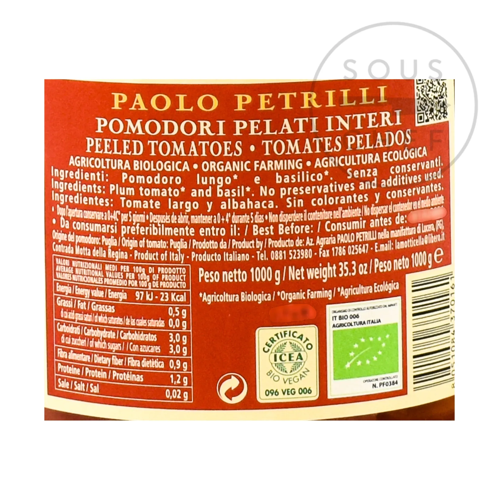 Paolo Petrilli Ingredients Brands|Italian Ingredients^Organic Peeled Tomatoes, 1062ml