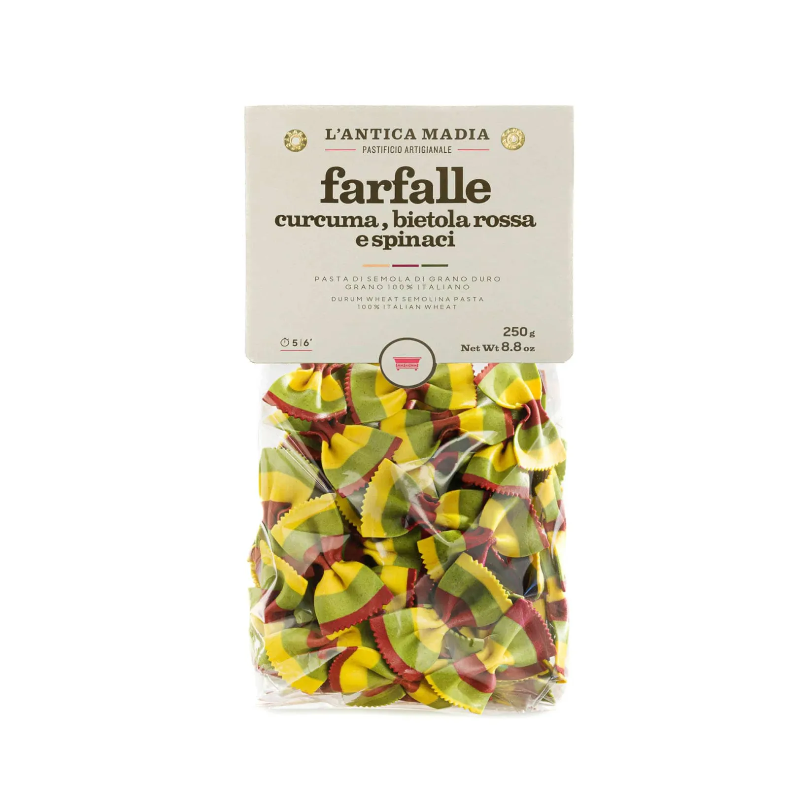 L'Antica Madia Pasta, Rice & Beans|Ingredients Brands^Pasta L'Antica Striped Farfalle with Turmeric, Beetroot & Spinach, 250g