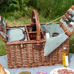 Les Jardin de la Comtesse French Ingredients|Picnicware^Saint-Germain Green Gingham Picnic Basket, 4 Person