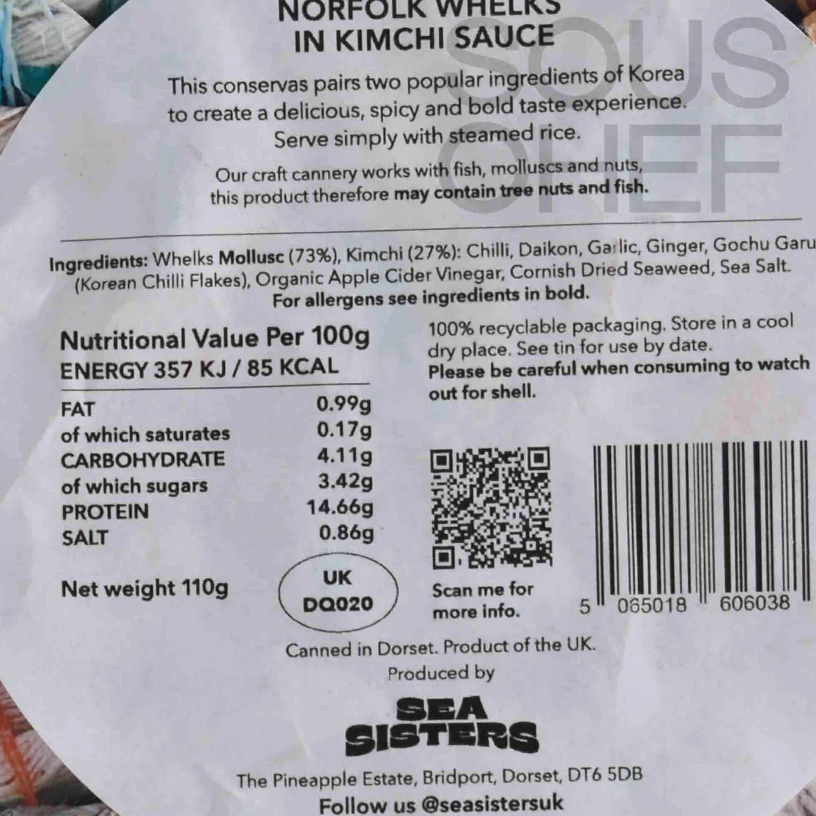 Sea Sisters Tinned Fish & Seafood|Ingredients Brands^Tinned Norfolk Whelks in Kimchi Sauce, 110g