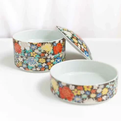 Seikou Tableware Brands|Japanese Ingredients^Porcelain Black Floral Motif Sweets Container, 3 Compartments