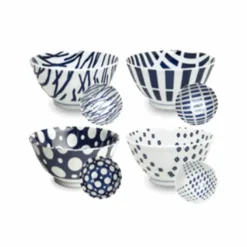 Kiji Stoneware & Ceramics Tableware Brands|Japanese Ingredients^Set of 4 Assorted Blue Japanese Rice Bowls, 19.5cm