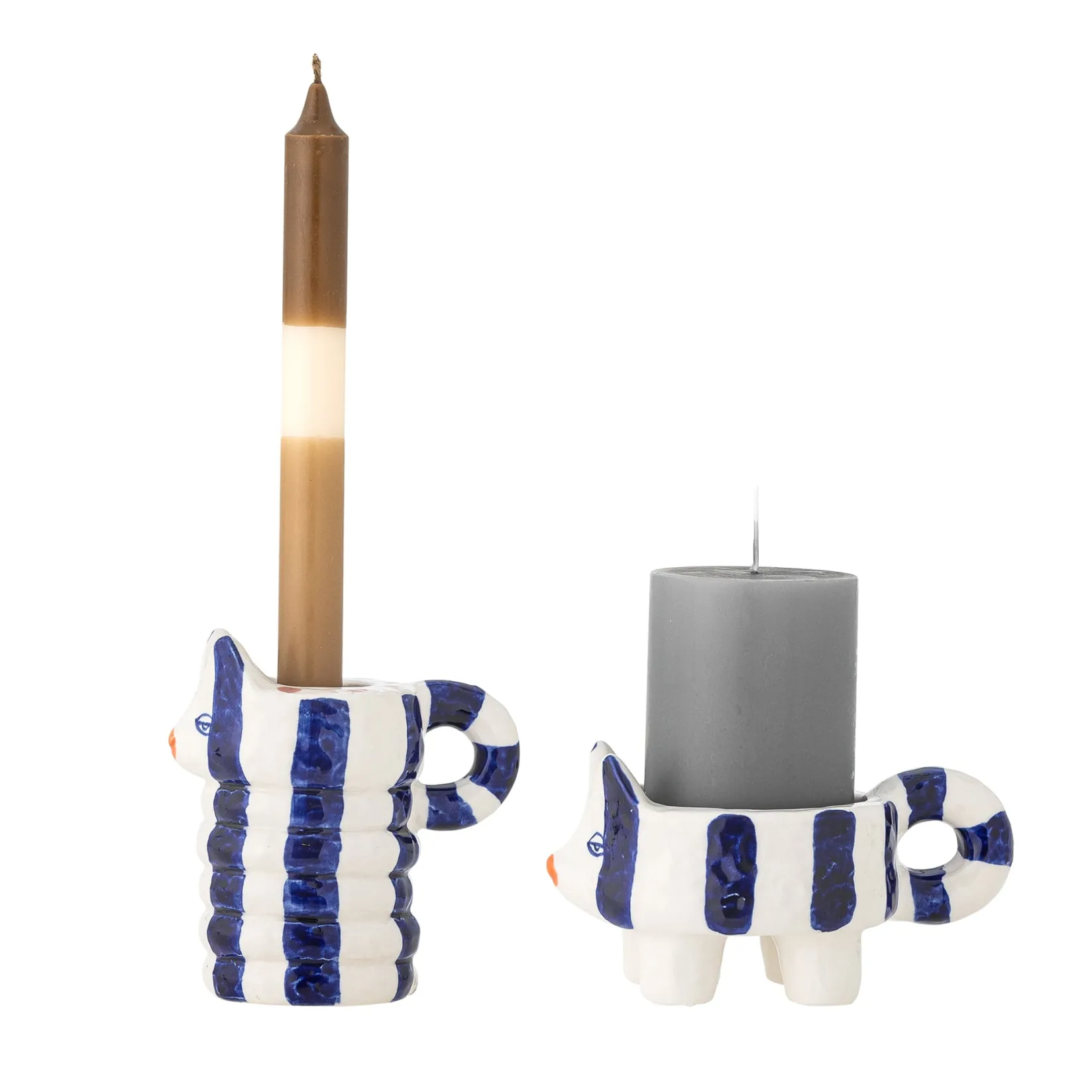Bloomingville Table Setting|Tableware Brands^Set of 2 Blue Striped Cat Candle Holders