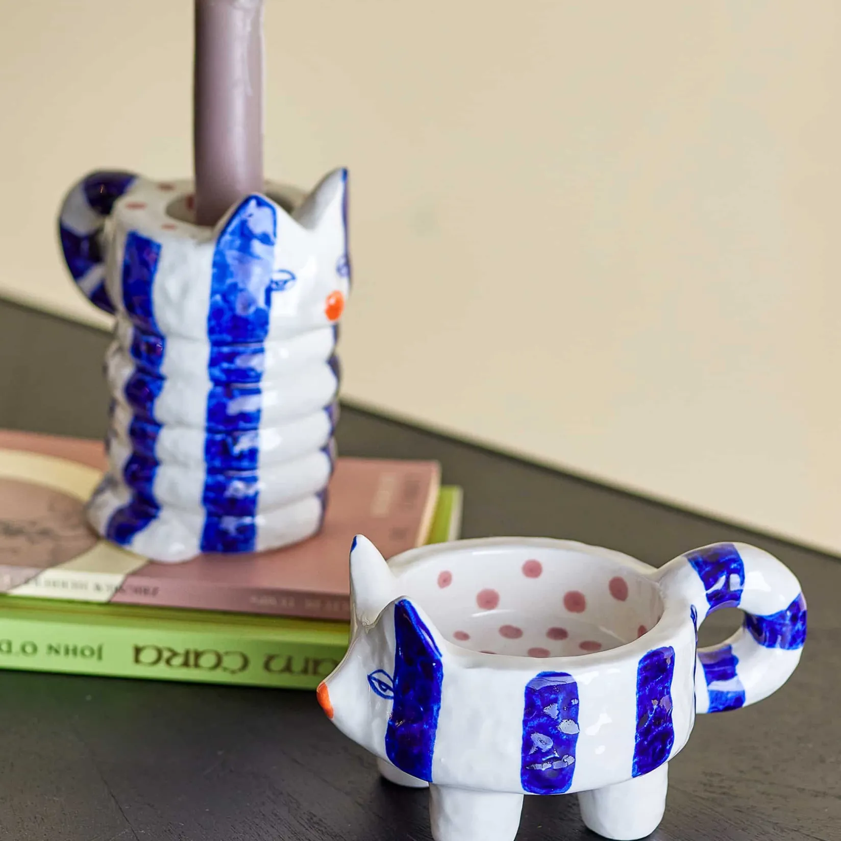 Bloomingville Table Setting|Tableware Brands^Set of 2 Blue Striped Cat Candle Holders