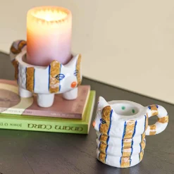 Bloomingville Table Setting|Tableware Brands^Set of 2 Yellow Striped Cat Candle Holders