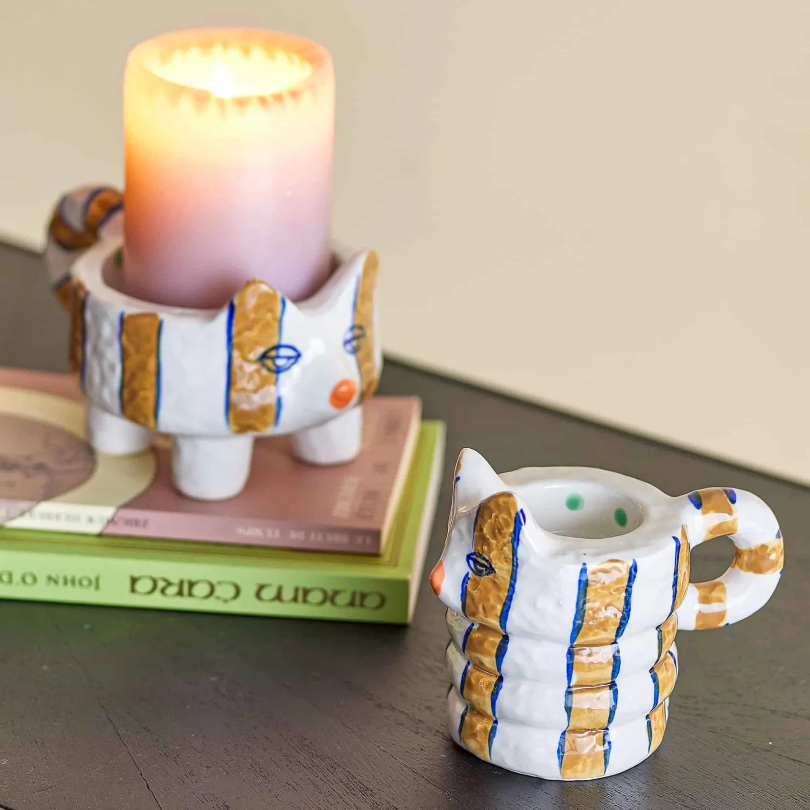 Bloomingville Table Setting|Tableware Brands^Set of 2 Yellow Striped Cat Candle Holders