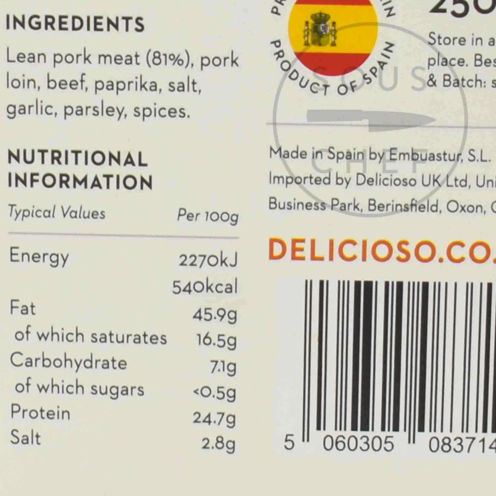 Delicioso Ingredients Brands|Spanish Ingredients^Smoked Asturian Chorizo Dulce, 250g