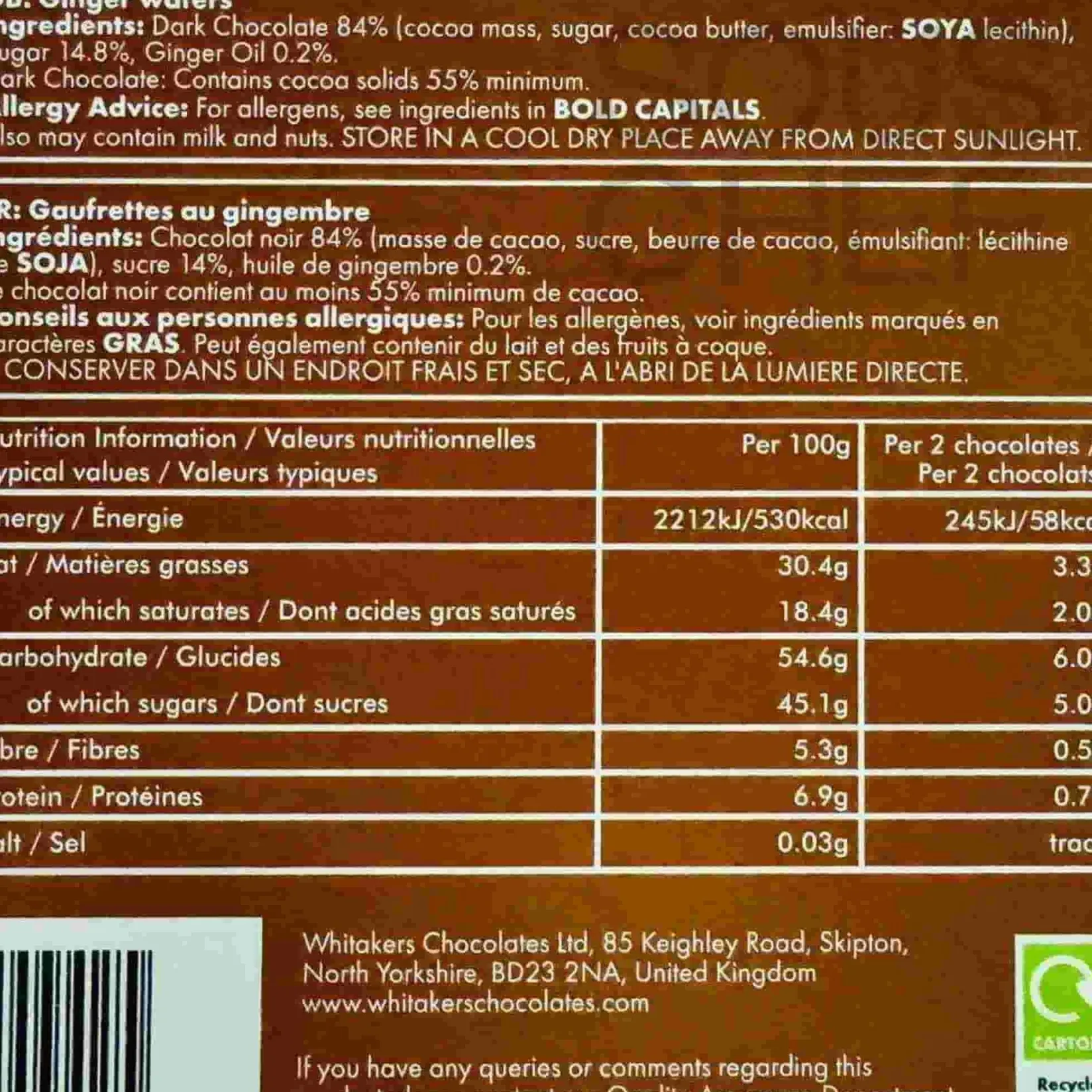 Whitakers Ingredients Brands|Cakes & Bakery^Vegan Dark Chocolate Ginger Wafers, 150g